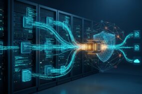 Digital data streams flowing from server racks through a glowing security shield to cloud and document icons