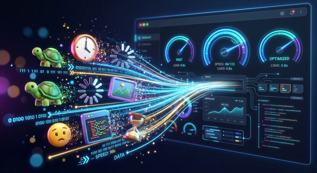 Illustration of website performance optimization, transforming slow loading elements into a fast dashboard