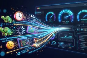 Illustration of website performance optimization, transforming slow loading elements into a fast dashboard