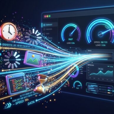 Illustration of website performance optimization, transforming slow loading elements into a fast dashboard