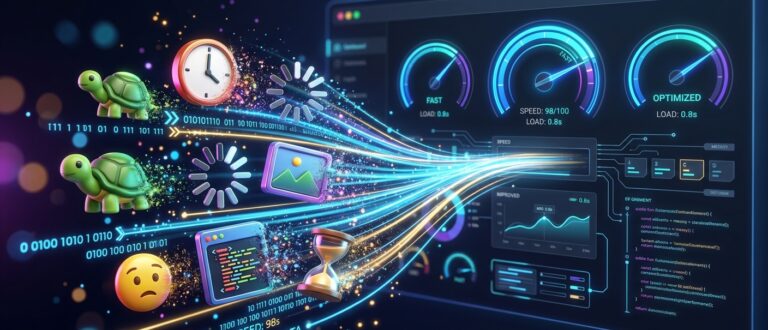 Illustration of website performance optimization, transforming slow loading elements into a fast dashboard